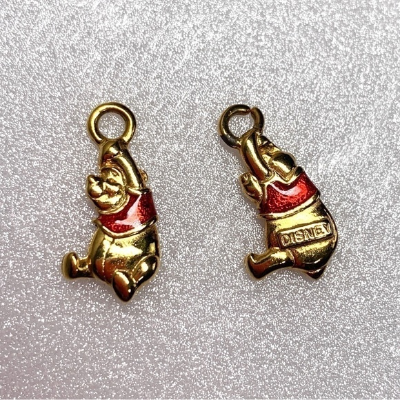 Disney Winnie The Pooh Charms Set of Two - Gold/Red, 0.75” Vintage c.1990’s - Picture 1 of 4